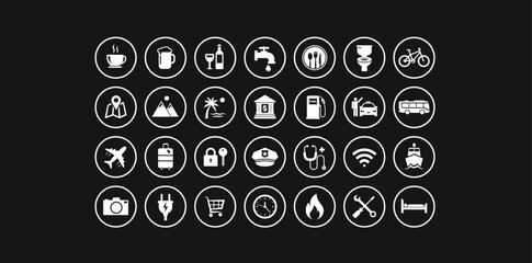 Travel Icons.
Coffee, Beer, Wine, Water, Food, Toilet, Bike, Map, Mountains, Beach, Bank, Fuel, Taxi, Bus, Boat, Internet,  Medical, police, Lock, Luggage, Plane, Camera, electricity, shopping, Hotel