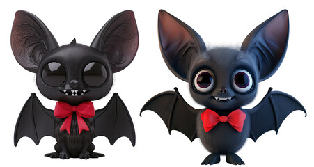 Fototapeta premium set of cute black bat with red bow tie. 3D cartoon animation style.