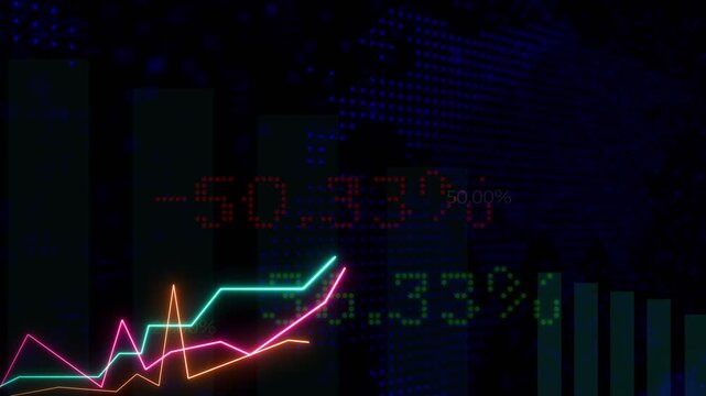 Stock market indicator, graph and overlay for financial sector, economy and exchange in dark background. Values, increase and digital representation for gdp, markets and growth in international trade