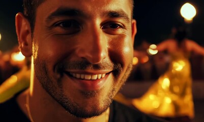 Close-up portrait video of a pleased man in his 30s that is wearing a simple tunic against an entrancing belly dance performance in a venue background