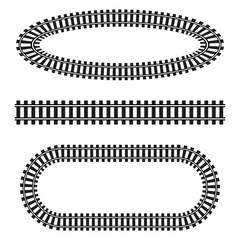Railroad track vector set. Oval, straight, and rectangular tracks. Black and white train rails.