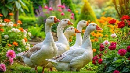 Adorable domestic geese, with soft feathers and curious eyes, roam freely in a lush green garden, surrounded by vibrant flowers and lush foliage.