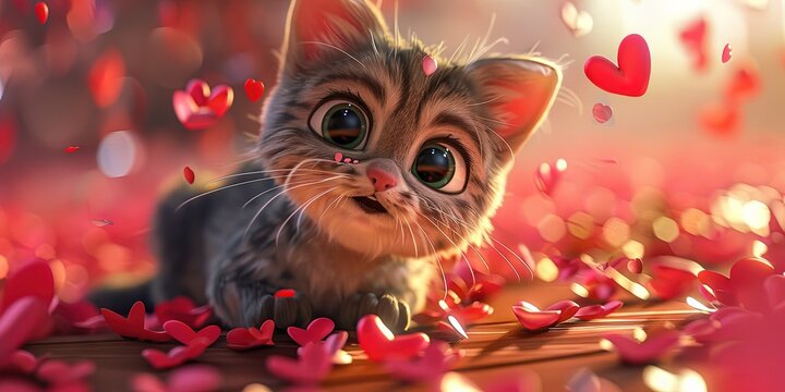 3d animation cat with a theme of love. 