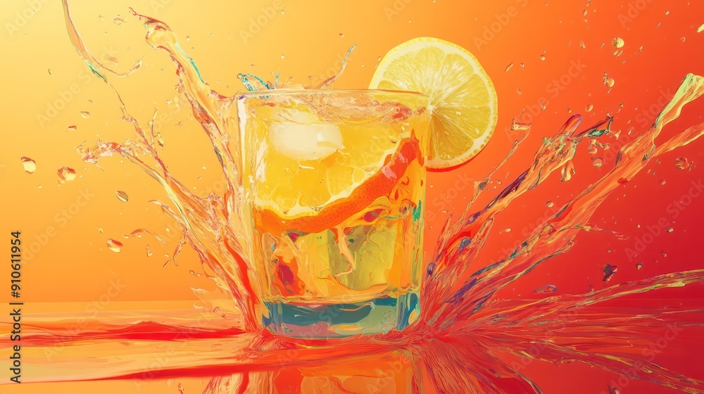 Poster a glass of orange juice with a slice of lemon in it is splashing water