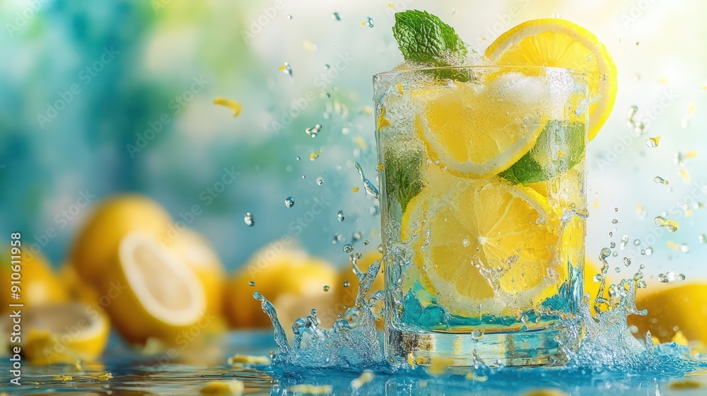 Poster a glass of lemonade with a splash of water and a few lemon slices