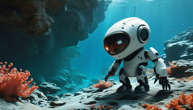 Explore the depths with a robot near coral on the ocean floor. Discover the wonders of the underwater world!