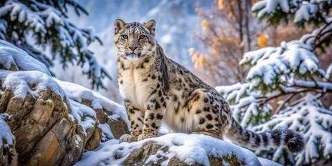 Obraz premium A regal snow leopard blends seamlessly into the frozen landscape, its grey and white fur camouflaging it among snow-dusted trees and rugged rocky outcroppings.