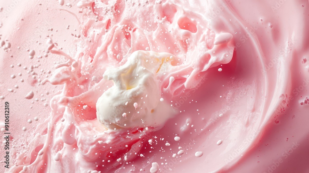 Poster a splash of pink milk and cream is splattered across a white background