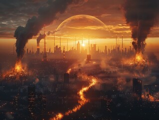 Dramatic Sunrise Over a Cityscape Engulfed in Flames and Smoke