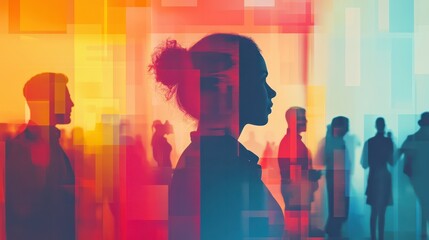 A woman is the main focus of the image, with a group of people in the background