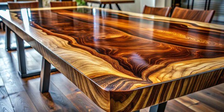Close-up of a beautifully crafted wooden table featuring a rich, dark wood grain pattern enhanced by a glossy epoxy resin finish, revealing intricate texture details.