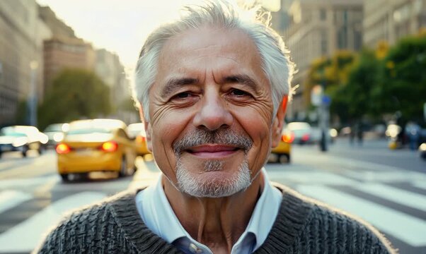 Medium shot portrait video of a satisfied man in his 60s that is wearing a chic cardigan against a bustling city intersection with taxis and pedestrians background