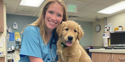 Photo of a female nurse in blue scrubs, golden retriever puppy at an animal hospital 