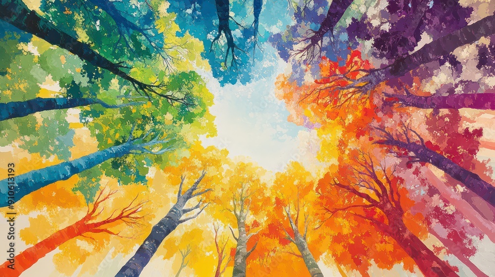 Poster A painting of a forest with trees of different colors