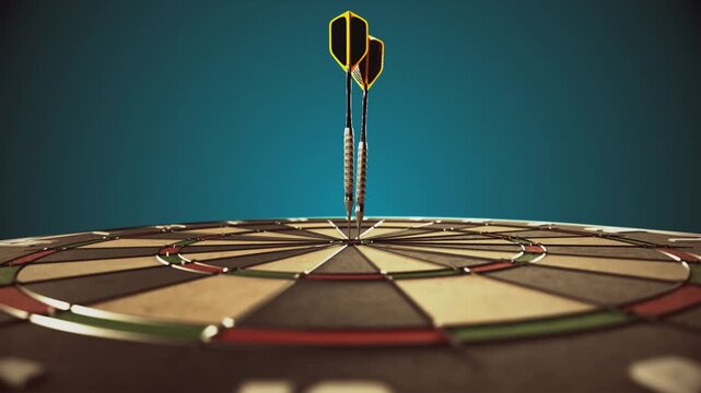 Three Darts Arrow Hitting In The Bullseye Of The Circle Dartboard Hanging On The Dark Wall Great Competition Achievement Requires Perfect Accuracy And Shooting Skill
