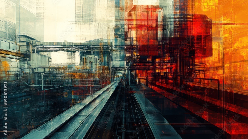 Aufkleber a cityscape with a train running through it