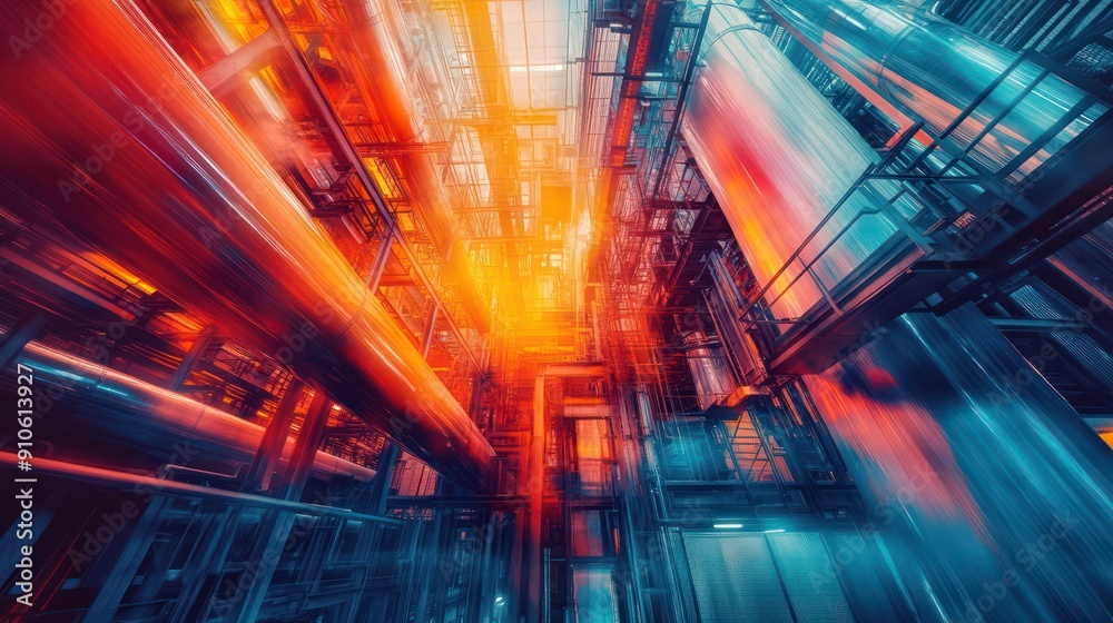 Poster A colorful, abstract image of a building with many pipes and wires