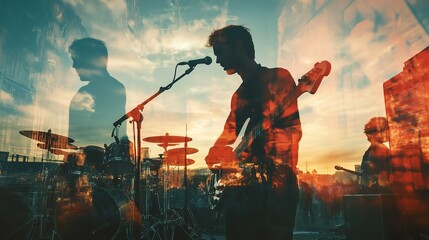 Silhouetted musicians perform passionately at sunset, creating an unforgettable atmosphere during a vibrant outdoor concert.