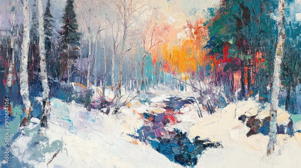 Poster a painting of a snowy forest with a river running through it