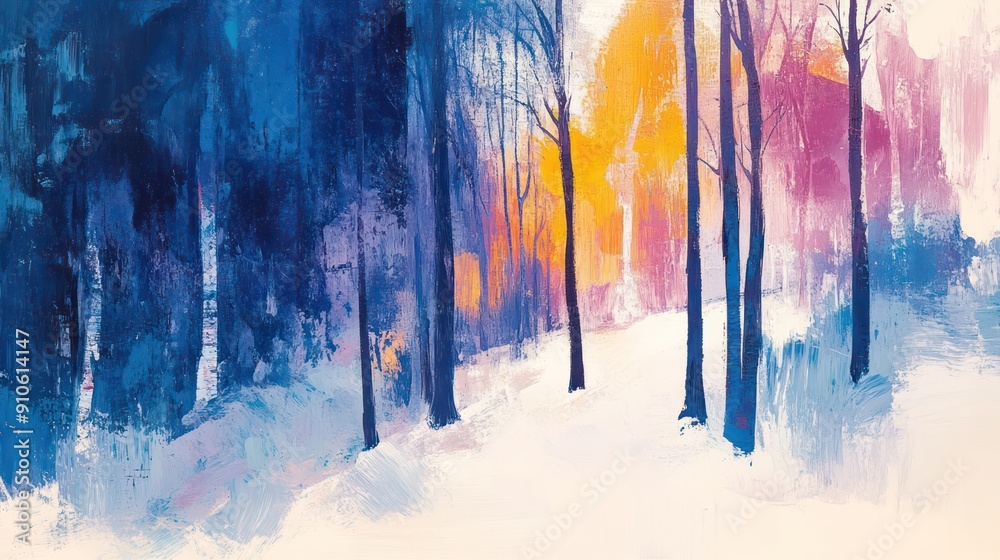 Poster A painting of a forest with trees in the foreground and background