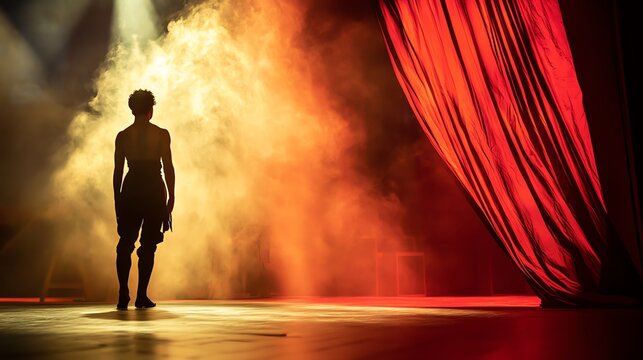 A silhouette of a performer standing on stage, illuminated by dramatic lighting and smoke, preparing for an unforgettable performance.