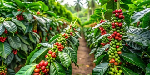 Lush green coffee trees heavily laden with ripening coffee beans thrive in a research center's nursery, showcasing successful climate-adapted cultivation for optimal yields.