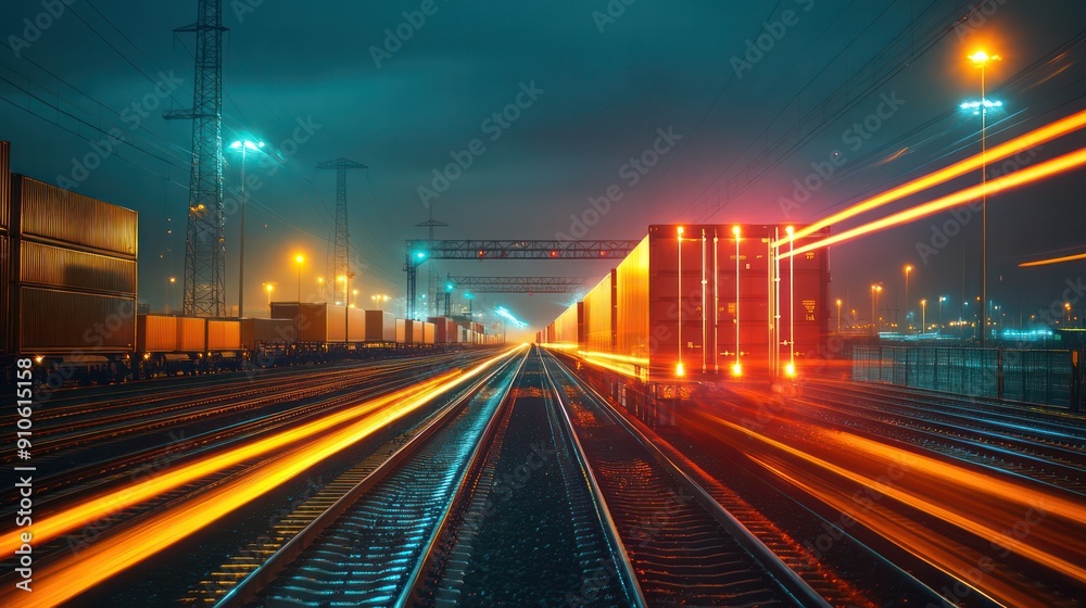 Poster a train is traveling down a track with bright lights in the background