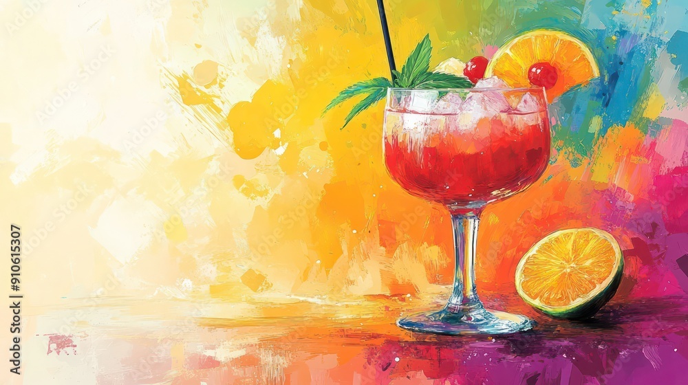 Poster a colorful painting of a drink with a lime wedge and a cherry on top