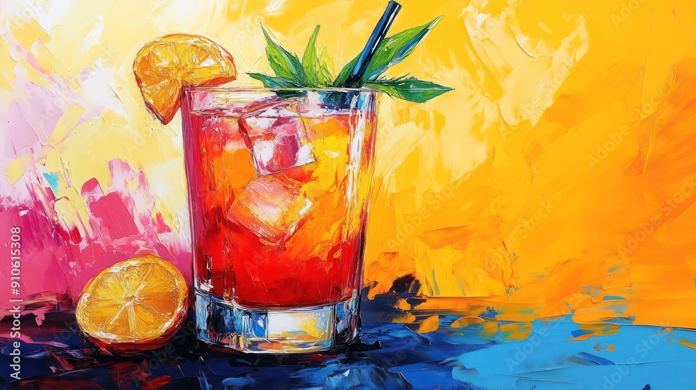 Poster a glass of red drink with a lime wedge in it