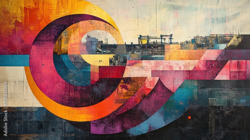Poster a colorful painting of a cityscape with a large circle in the middle