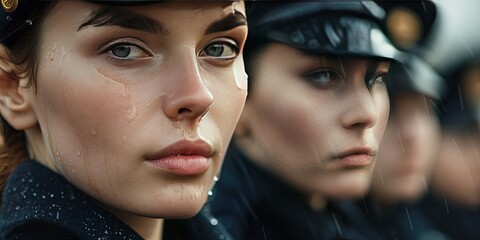 Female military cadets - soldiers lined up at attention in the rain