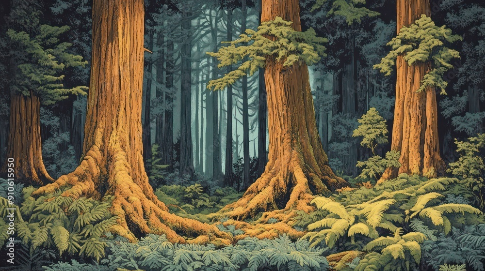 Aufkleber A painting of a forest with two large trees and a small one in the middle
