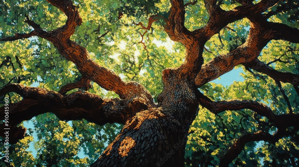 Poster a large tree with a lot of leaves and a trunk that is very thick