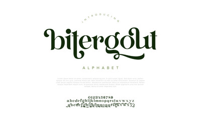 Bitergout swash luxury elegant alphabet letters and numbers. Vintage wedding typography classic serif font decorative vintage retro. creative vector illustration