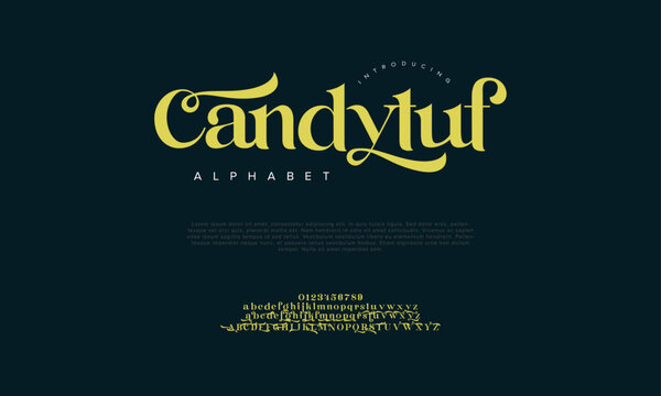 Candytuf swash luxury elegant alphabet letters and numbers. Vintage wedding typography classic serif font decorative vintage retro. creative vector illustration