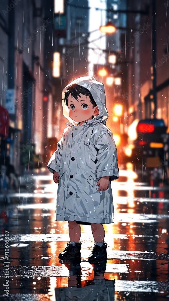 Wall mural anime baby boy in white raincoat character illustration cartoon design