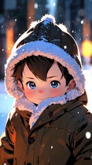 anime baby boy in winter coat character illustration cartoon design