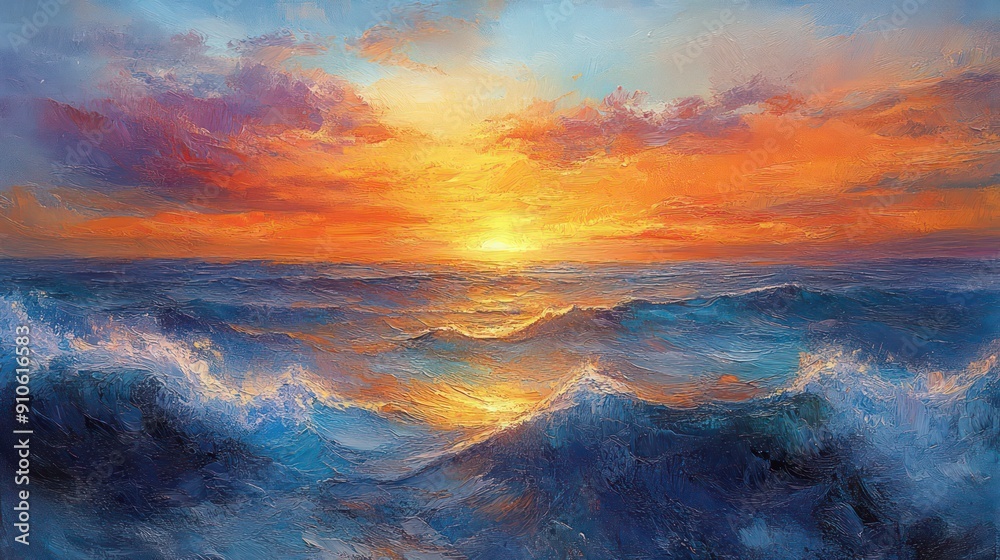 Poster a painting of a sunset over the ocean with waves crashing in the background