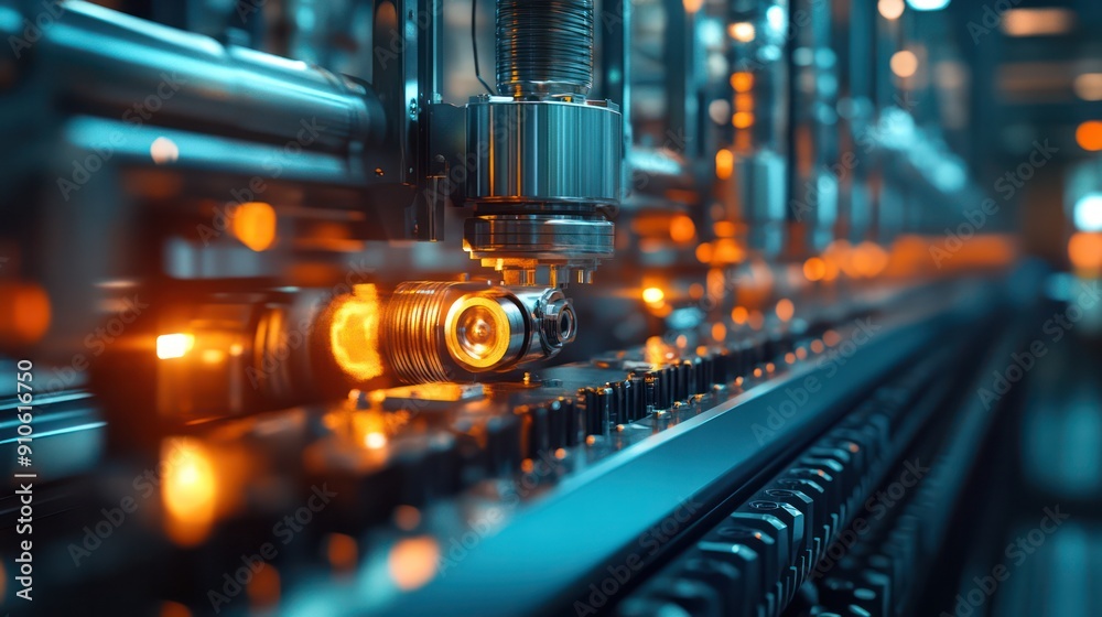 Poster a factory assembly line with a lot of machinery and lights
