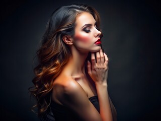 Fototapeta premium Sensual woman touches her face, exuding desire, standing in profile with empty space beside her, against a dark, isolated background, evoking intimacy and mystery.