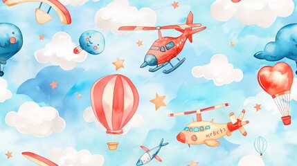 Watercolor set background illustration of a cute cartoon and fancy sky scene complete with airplanes, helicopters, planes, balloons, and clouds. seamless pattern. It's a baby shower design