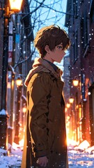 Obraz premium anime boy in brown winter coat character illustration cartoon design