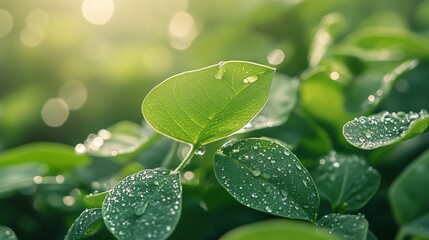 Soybean leaves adorned with dew droplets, close-up in the morning sun, with a gently blurred green background.