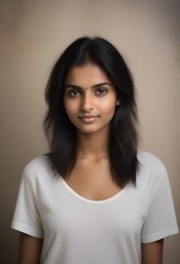 Fototapeta premium Beautiful Indian Female Model Wearing White TShirt on Plain Background