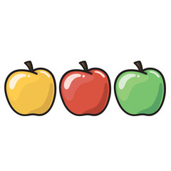 An illustration of a yellow, red and green apple side by side on a white background