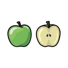 An illustration of a full green apple and half a green apple side by side on a white background