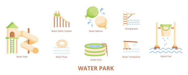 Water Park Flat Banner Web Icon Set Vector Illustration, Water Slide Kiddie Pool Splash Pad Diving Board Water Roller Coater Balloon Trampoline Float