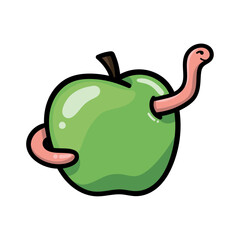 An illustration of a green apple with a worm head and tail sticking out on a white background