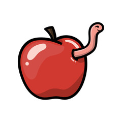 An illustration of a red apple with a worm head sticking out on a white background
