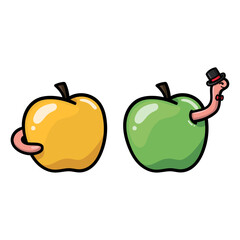 An illustration of a yellow and green apple side by side. A worm tail is coming out of the yellow apple and the head coming out of the green apple on a white background